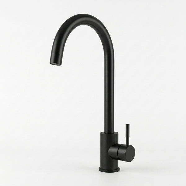 Classic Single Hole Kitchen Faucet with 360 Swivel in sleek black finish, designed for versatile kitchen use.
