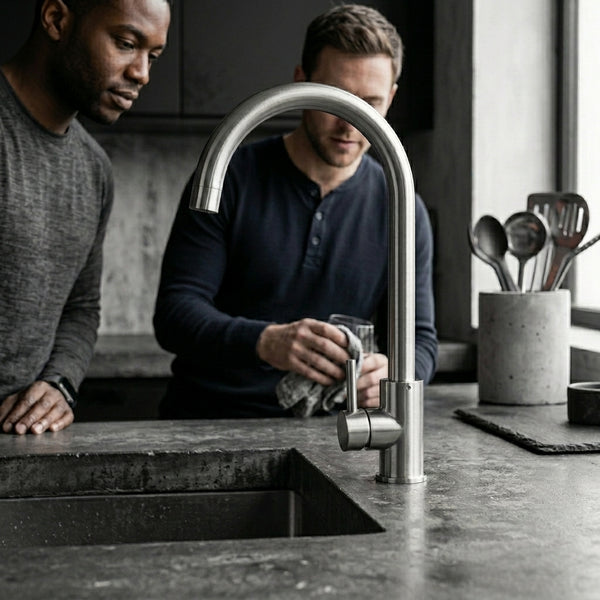 Classic Single Hole Kitchen Faucet with 360 Swivel showcased in modern kitchen with two men.