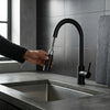 Single Hole Black Stainless Steel Pull Out Kitchen Faucet in a modern kitchen with sleek design and flexible reach.