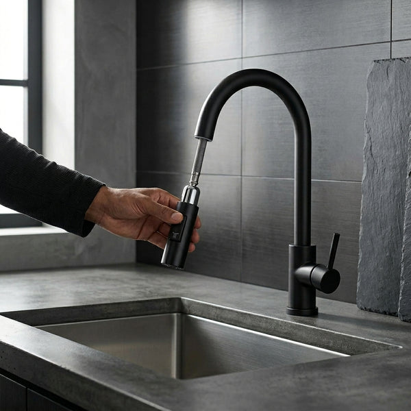 Single Hole Black Stainless Steel Pull Out Kitchen Faucet in a modern kitchen with sleek design and flexible reach.