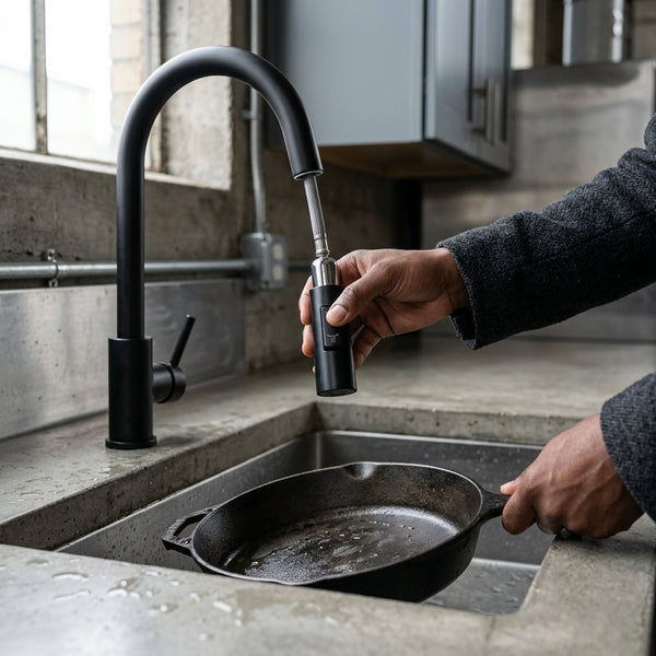Single Hole Black Stainless Steel Pull Out Kitchen Faucet in use over a cast iron pan in a modern kitchen.
