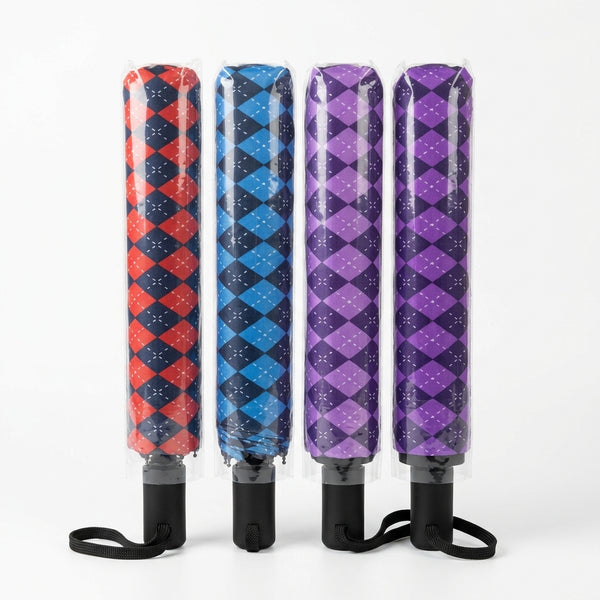 Auto Open 3-Folding Portable Umbrella in vibrant colors: red, blue, purple, and patterned design, compact for travel.
