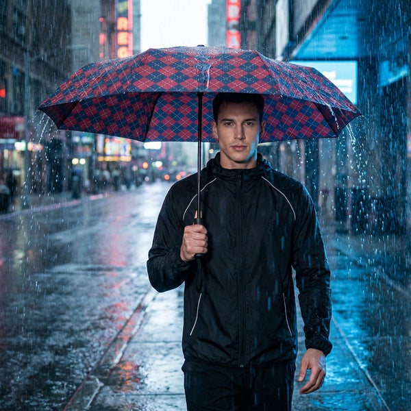Man holding an Auto Open 3-Folding Portable Umbrella in the rain on a city street.