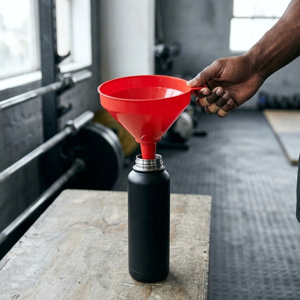 Person using a 250mm Large Multipurpose Food Grade Plastic Funnel to pour liquid into a black bottle in a gym setting.