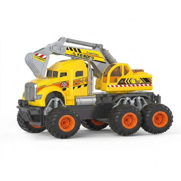 Remote Control Construction Engineering Excavator Truck in yellow and black design with realistic features for children.