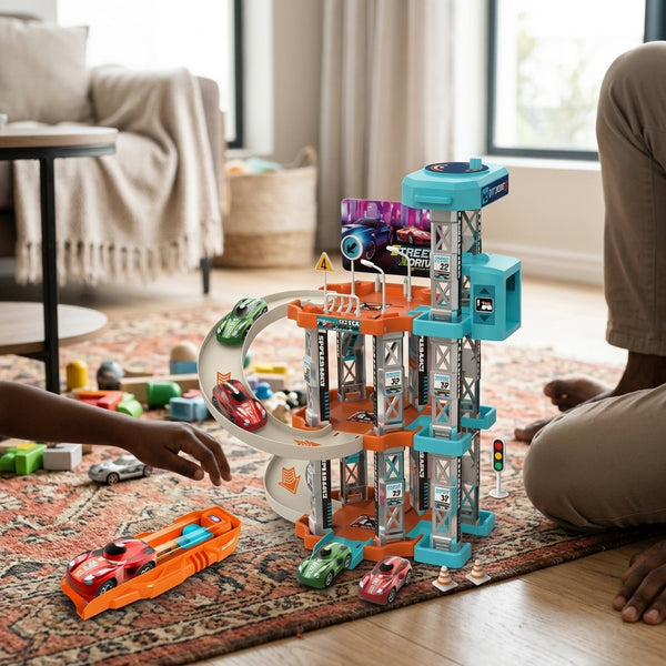 Childrens Modular City Parking Building Playset with toy cars and children playing on a carpet.