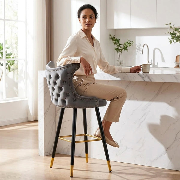 Modern Upholstered Bar Stool with Backrest featured in a stylish kitchen setting, offering comfort and elegance.