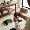 Person using remote to control Off-Road RC Rock Crawler 4WD Large Scale Remote Control Truck on carpet.