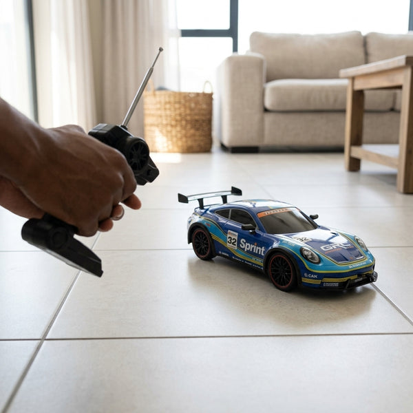 Scale RC Drift Car 4WD High Speed being controlled with a remote in a living room setting.