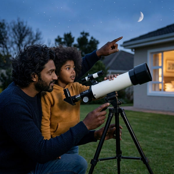 Father and child using the Children's High Definition Astronomical Telescope to observe the night sky.
