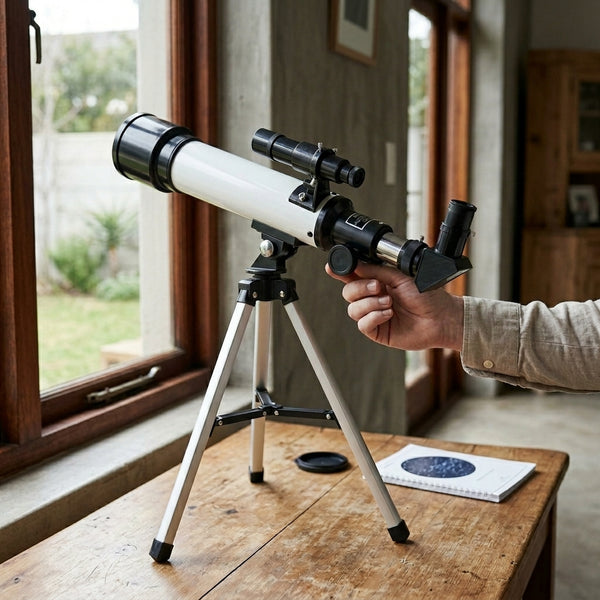 Children's High Definition Astronomical Telescope on a table with a person adjusting its settings near a window.
