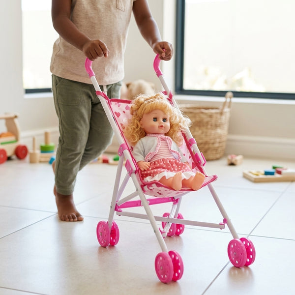 Child pushing a 12-Inch Baby Doll and Foldable Stroller with a baby doll inside, promoting imaginative play.