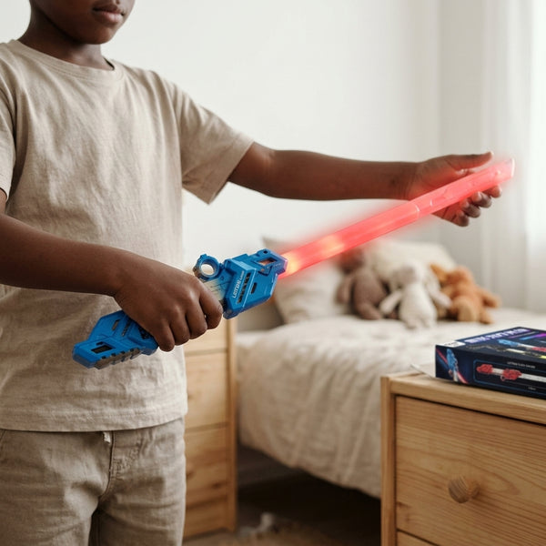 Child playing with LED Motion-Activated Kids Light-Up Saber Toy, featuring bright red lights in a bedroom setting.