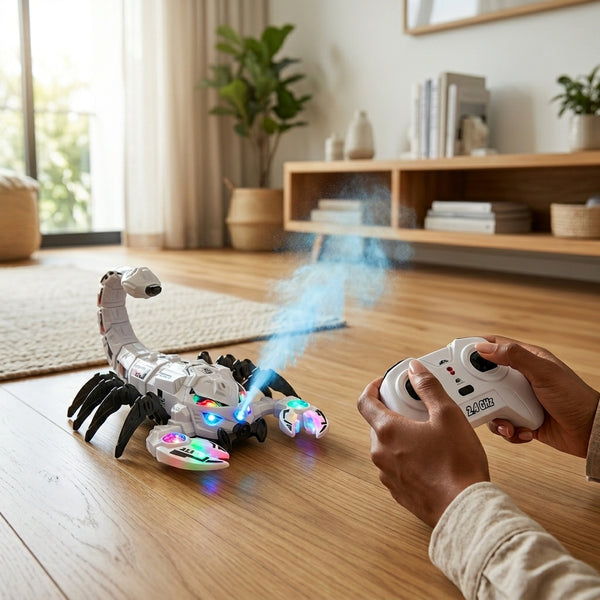 Remote Control Mechanical Spray Scorpion Toy in action with water mist spray and user controlling it via transmitter.