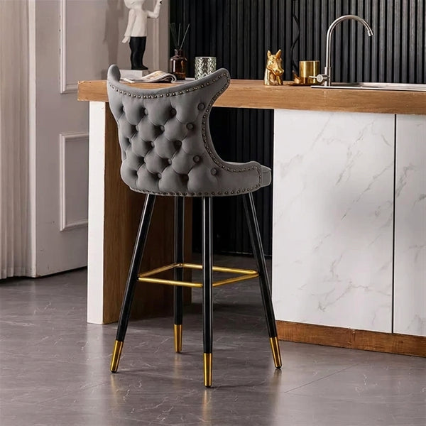 Modern Upholstered Bar Stool with Backrest in stylish gray fabric with tufted design and gold accents, perfect for kitchens.