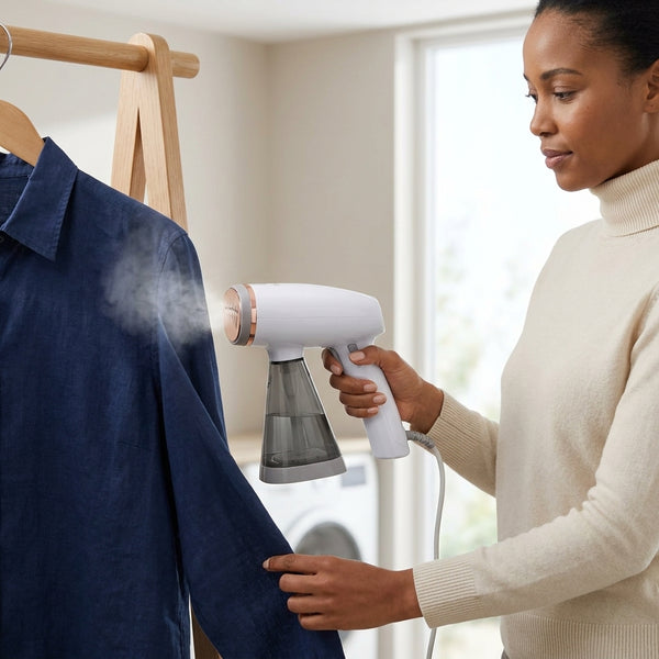 Woman using the 1100W Foldable Handheld Clothes Steamer on a blue shirt to remove wrinkles.