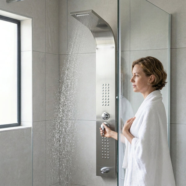 Woman enjoying a shower with the Stainless Steel Rainfall Waterfall Shower Panel in a modern bathroom.