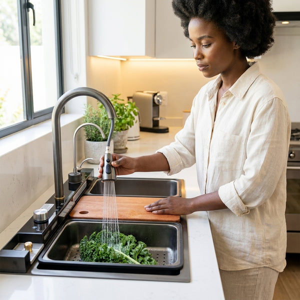 Woman washing produce in Stainless Steel Waterfall Nano Kitchen Sink with waterfall flow and digital temperature display.