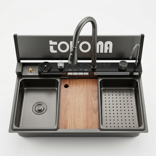 Stainless Steel Waterfall Nano Kitchen Sink with multifunctional basin and modern design.