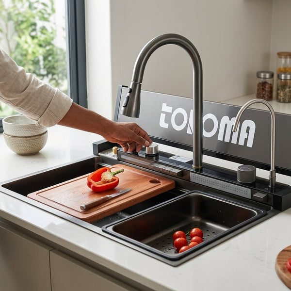 Stainless Steel Waterfall Nano Kitchen Sink, modern kitchen workstation with a digital temperature display.