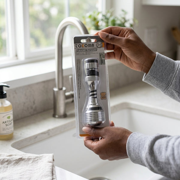 Person holding a Faucet Sprayer package beside a kitchen sink with a 360 Degree Rotating Faucet Anti-Splash Filter.
