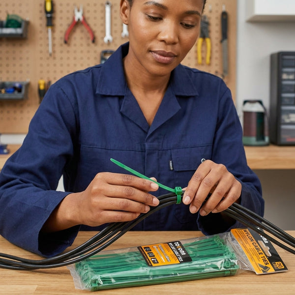 Woman organizing cables with Green Polyamide 6.6 Nylon Cable Ties in a workshop setting.