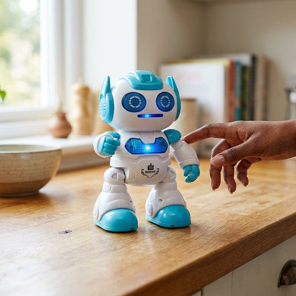 Remote Control STEM Educational Robot with interactive features and colorful lights being touched by a child's hand.