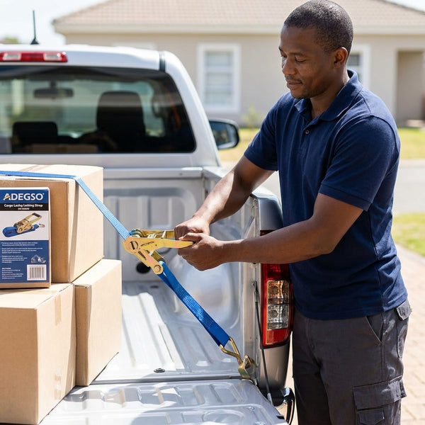 Man securing cargo with 1000kg Heavy Duty Ratchet Tie Down Strap in a truck bed.