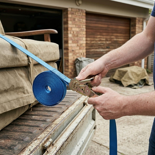 Person using a 1000kg Heavy Duty Ratchet Tie Down Strap to secure furniture in a bakkie.