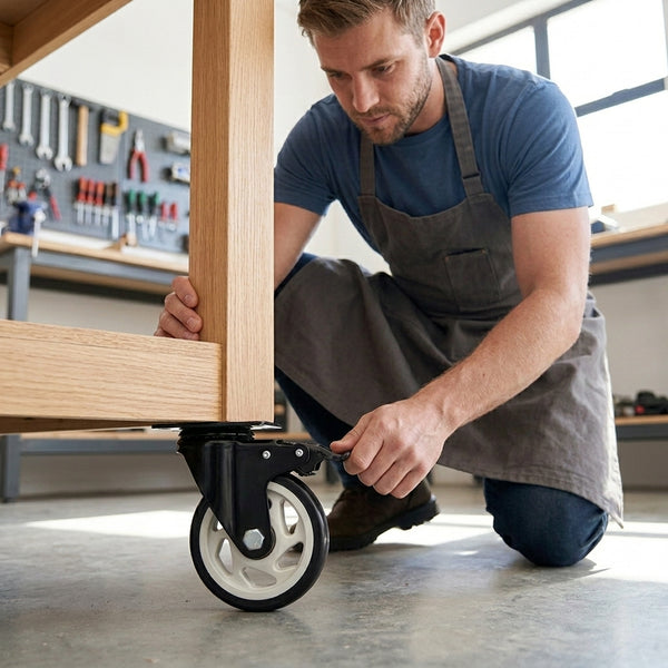 Man installing a 3-Inch Stainless Steel PU Swivel Caster on a wooden workbench.