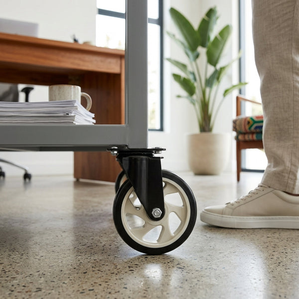 Single Swivel Shopping Cart Caster Wheel shown on a cart in a modern workspace, providing smooth mobility.