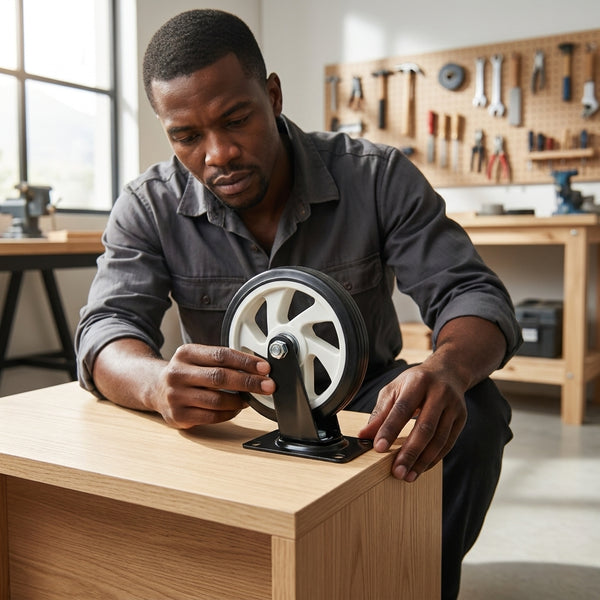 Man installing a Single Swivel Shopping Cart Caster Wheel on a wooden surface in a workshop.