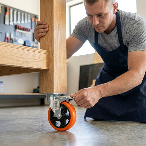 Man installing Industrial Heavy Duty Swivel Caster Wheels on a wooden furniture leg in a workshop.