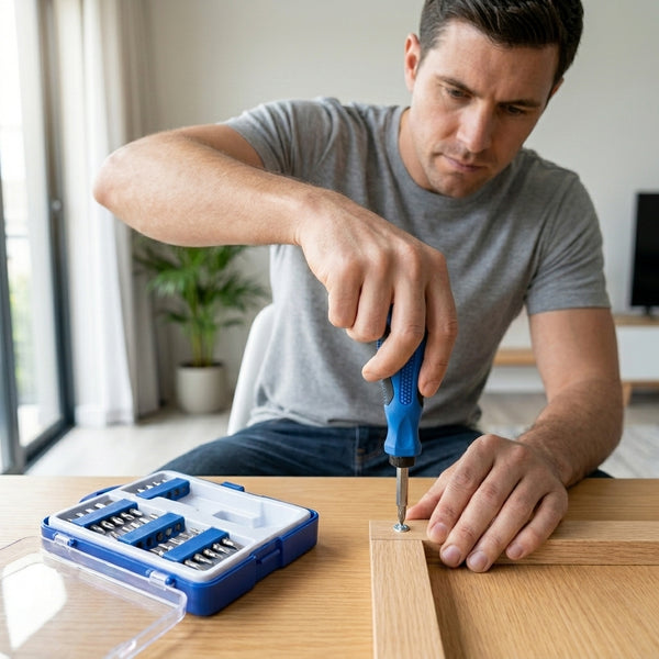 A person using a Professional Phillips Head Screwdriver with Steel Handle to assemble furniture.