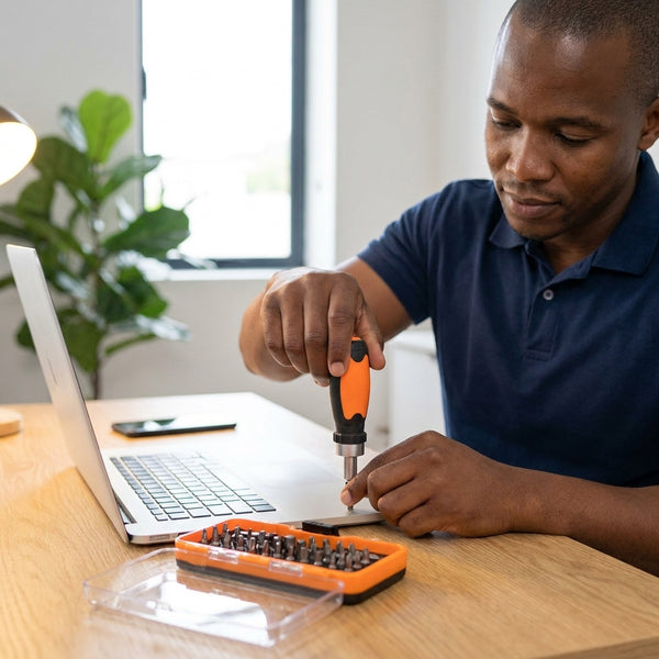 Person using the 37 Piece CRV Precision Ratchet Screwdriver Bit Set while working on a laptop at a wooden desk.