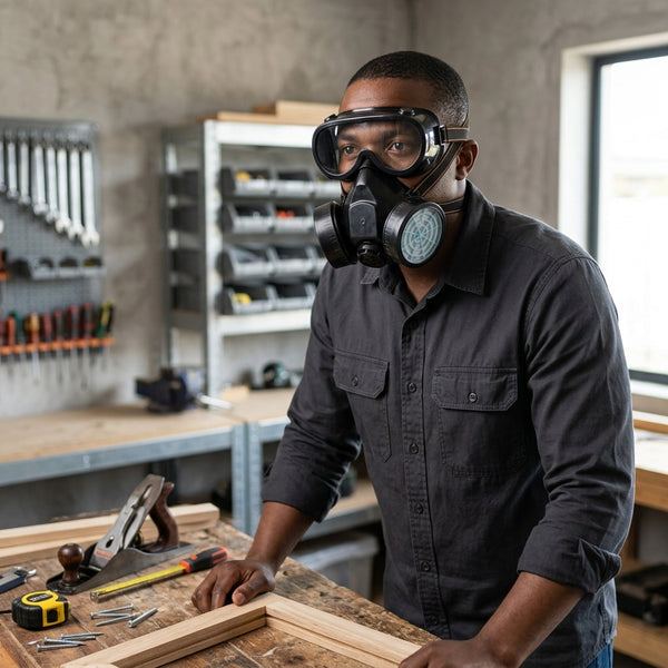 Man wearing an Anti-Pollution Industrial Gas Mask while working in a workshop with tools.