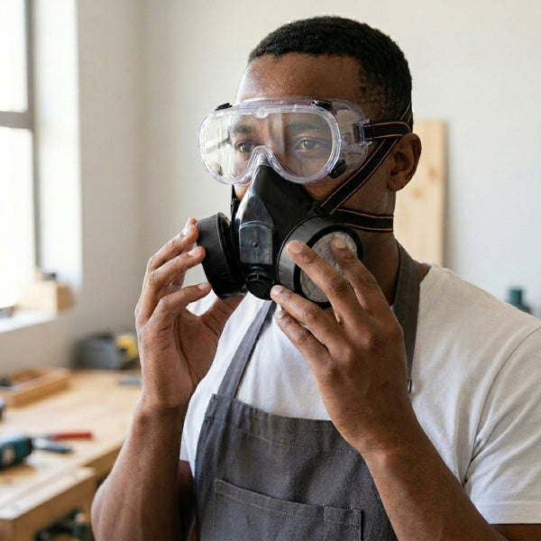 Man wearing an Anti-Pollution Industrial Gas Mask and goggles for respiratory protection.
