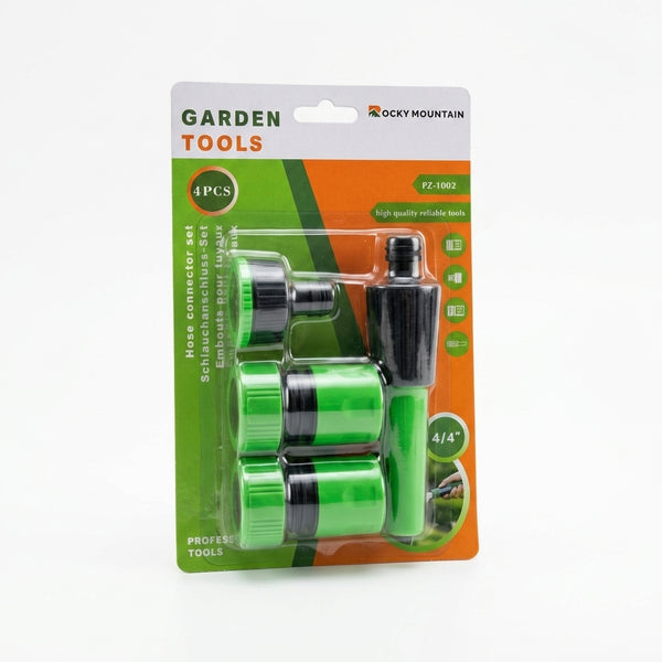 Quick Connector Garden Water Spray Gun set with four high-quality hose connectors in green and black packaging.