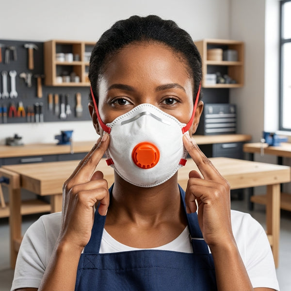 Woman adjusting FFP3 NR-D Face Respirator Mask in a workshop setting for respiratory protection.