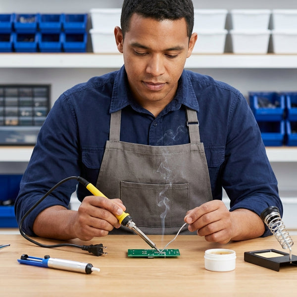 40W Electric Soldering Iron and Welding Repair Kit in use for circuit board repair by a technician.