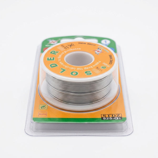 Tin Lead Rosin Core Solder Wire 100g Reel on display packaging for precision electronics and circuit board repair.
