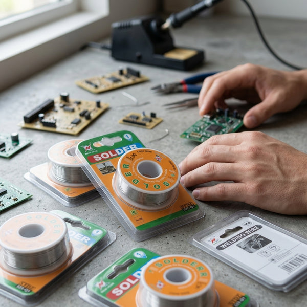 Tin Lead Rosin Core Solder Wire 100g Reel on a workstation with circuit boards and tools in use.