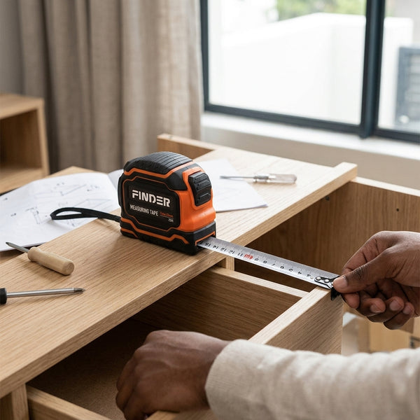 High Visibility Impact Resistant Tape Measure on a wooden drawer, measuring accurately for construction.