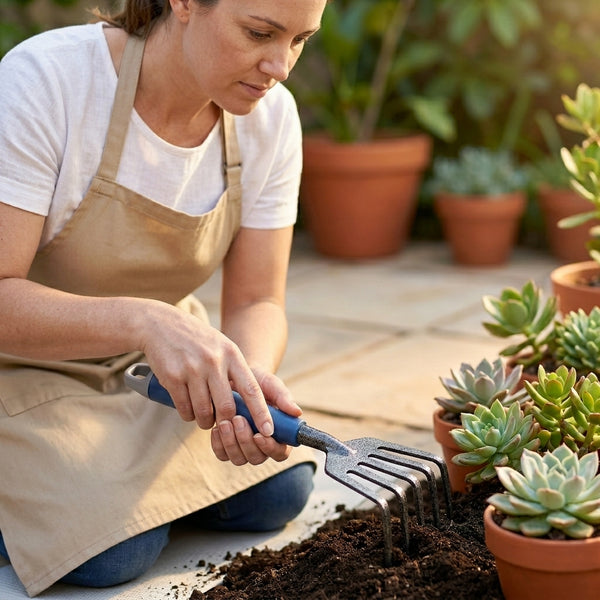 A gardener using a Five Teeth Garden Harrow Rake to cultivate soil around potted succulents, showcasing garden care.