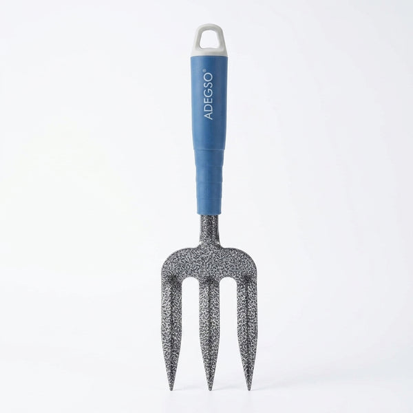 Ergonomic Heavy Duty Garden Hand Fork with a blue handle for comfortable gardening and soil aeration.