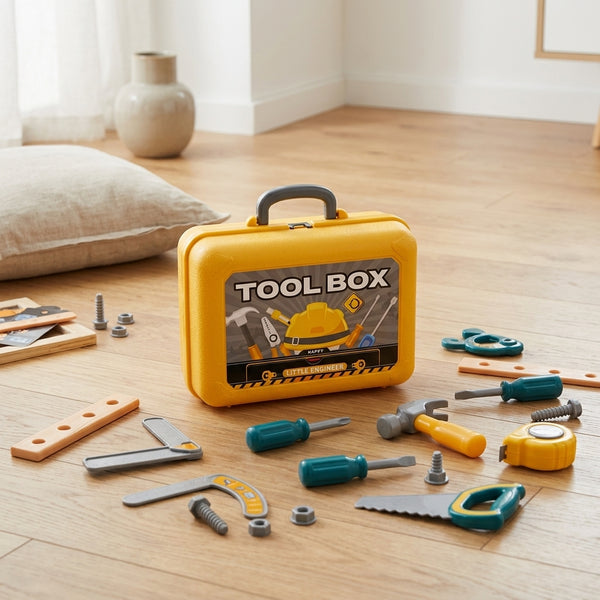 2-in-1 Portable Tool Set Toy Backpack with yellow toolbox and play tools scattered on wooden floor.