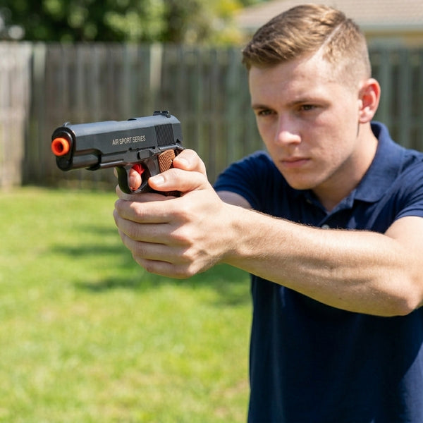 Person aiming the 1911 Shell Ejecting Soft Bullet Toy Gun in a backyard setting.