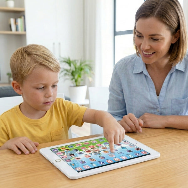 Child and parent using the Russian Language Learning Tablet Toy for interactive learning.