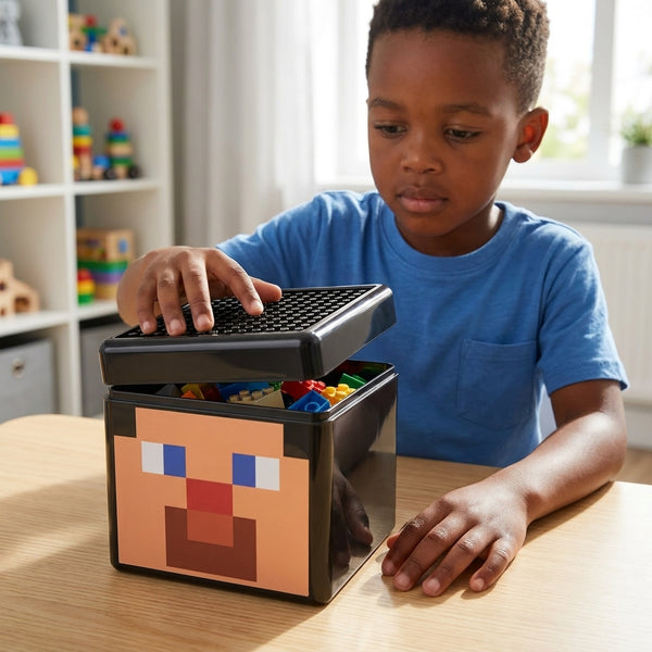 Child organizing toys with Pixel Character Building Block Storage Box on a table.