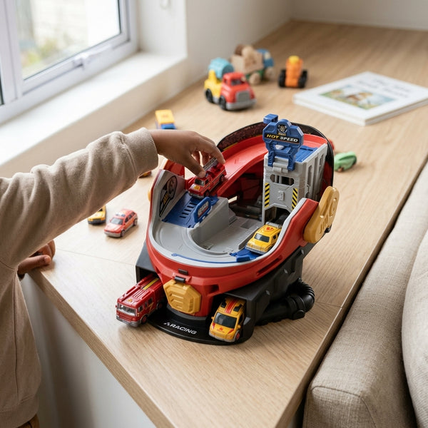 Child playing with Creative Garage Fire Rescue Car Track on a wooden table, featuring mini rescue cars and a multi-level design.